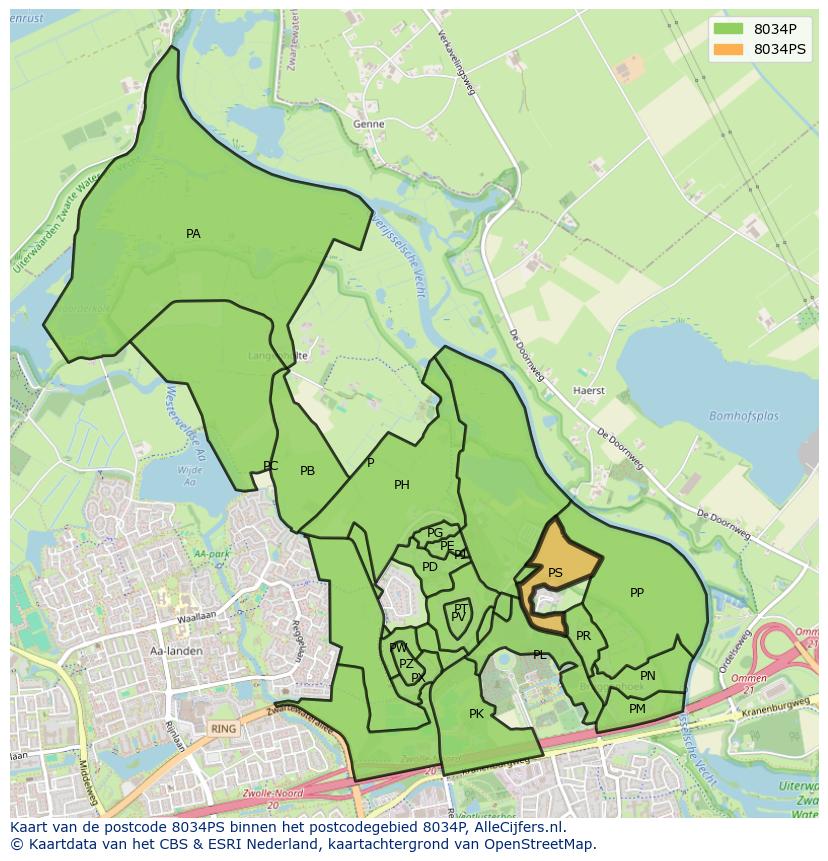 Afbeelding van het postcodegebied 8034 PS op de kaart.