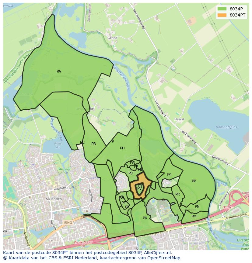 Afbeelding van het postcodegebied 8034 PT op de kaart.