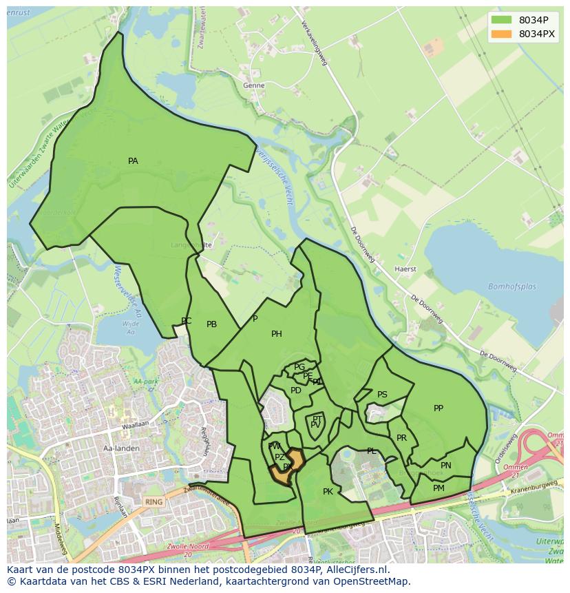 Afbeelding van het postcodegebied 8034 PX op de kaart.