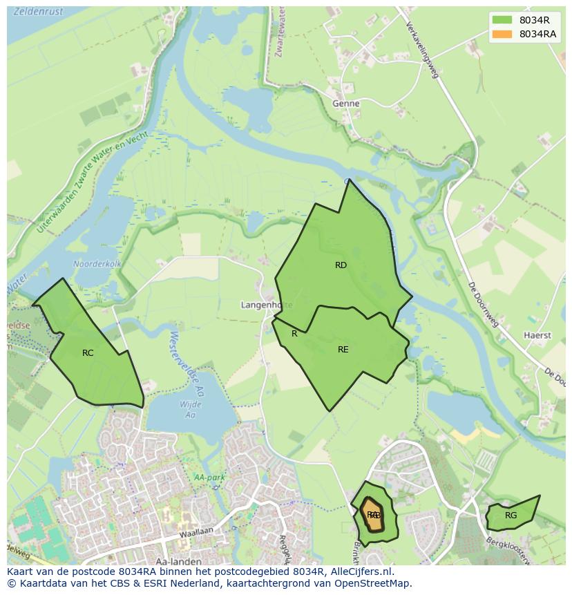 Afbeelding van het postcodegebied 8034 RA op de kaart.