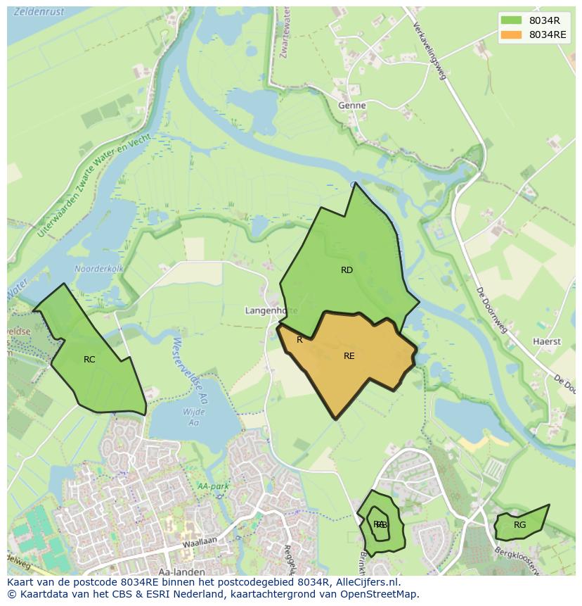 Afbeelding van het postcodegebied 8034 RE op de kaart.