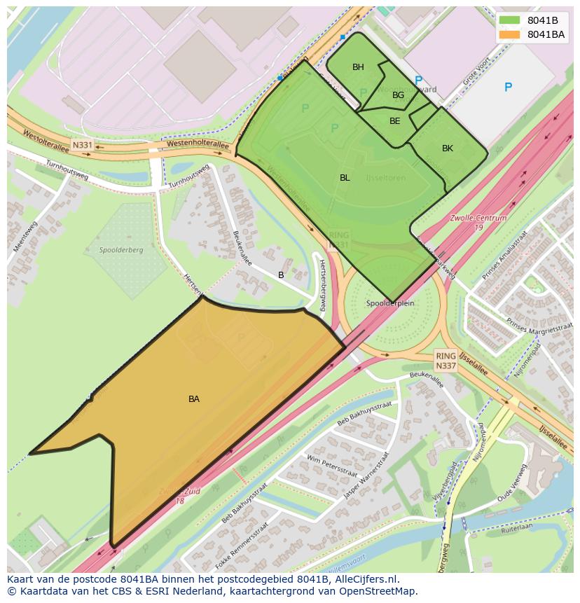 Afbeelding van het postcodegebied 8041 BA op de kaart.