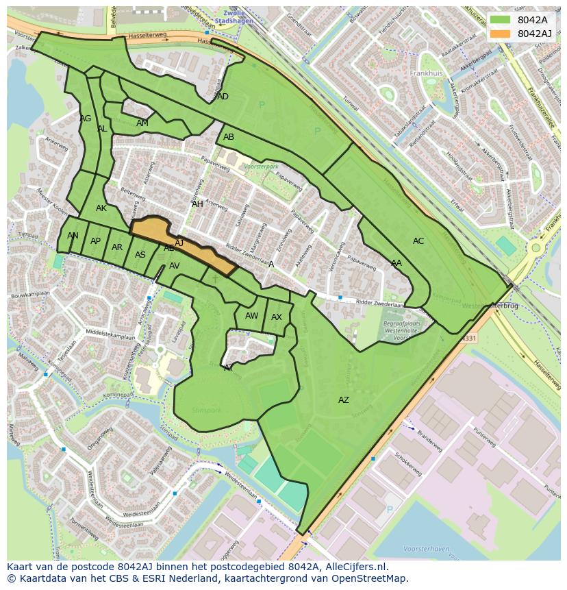 Afbeelding van het postcodegebied 8042 AJ op de kaart.