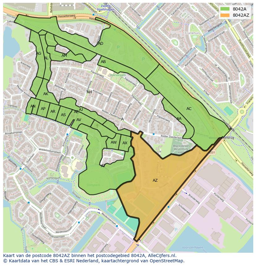 Afbeelding van het postcodegebied 8042 AZ op de kaart.