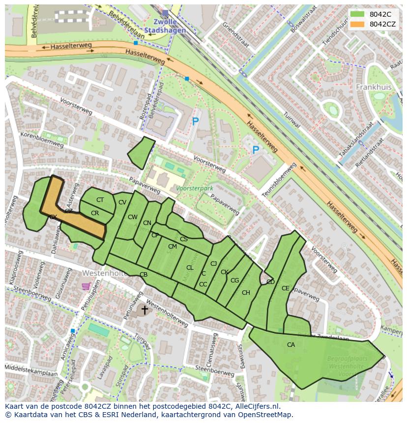 Afbeelding van het postcodegebied 8042 CZ op de kaart.