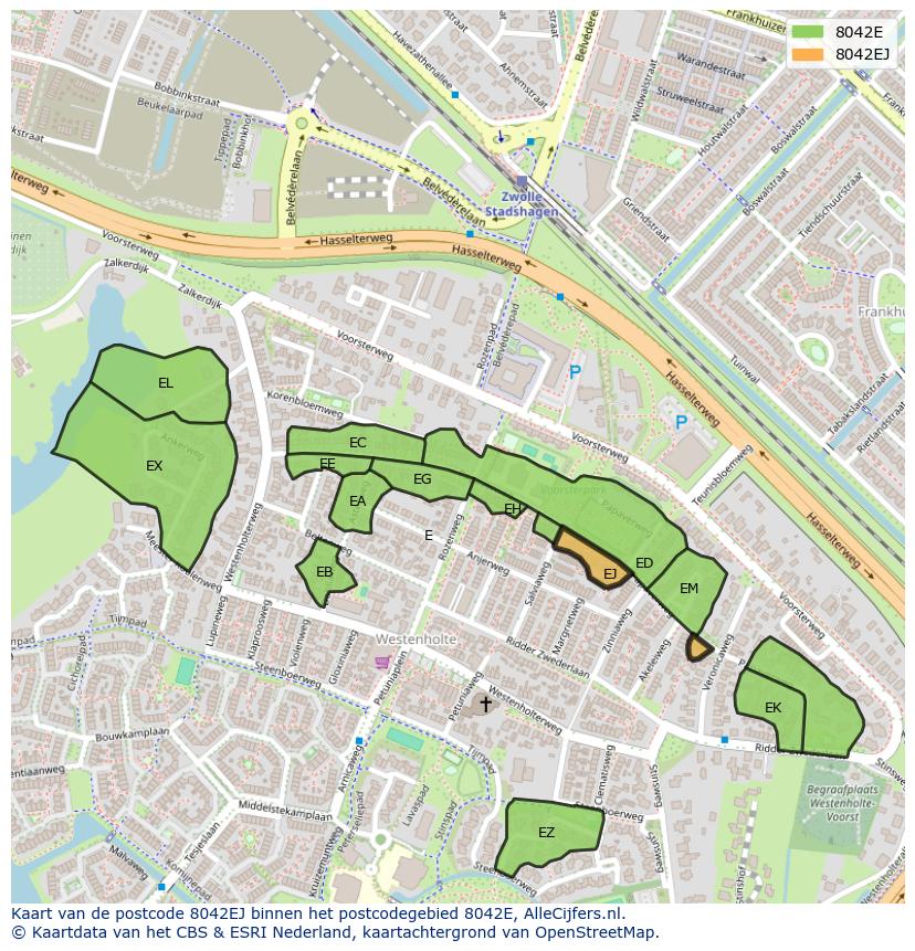Afbeelding van het postcodegebied 8042 EJ op de kaart.