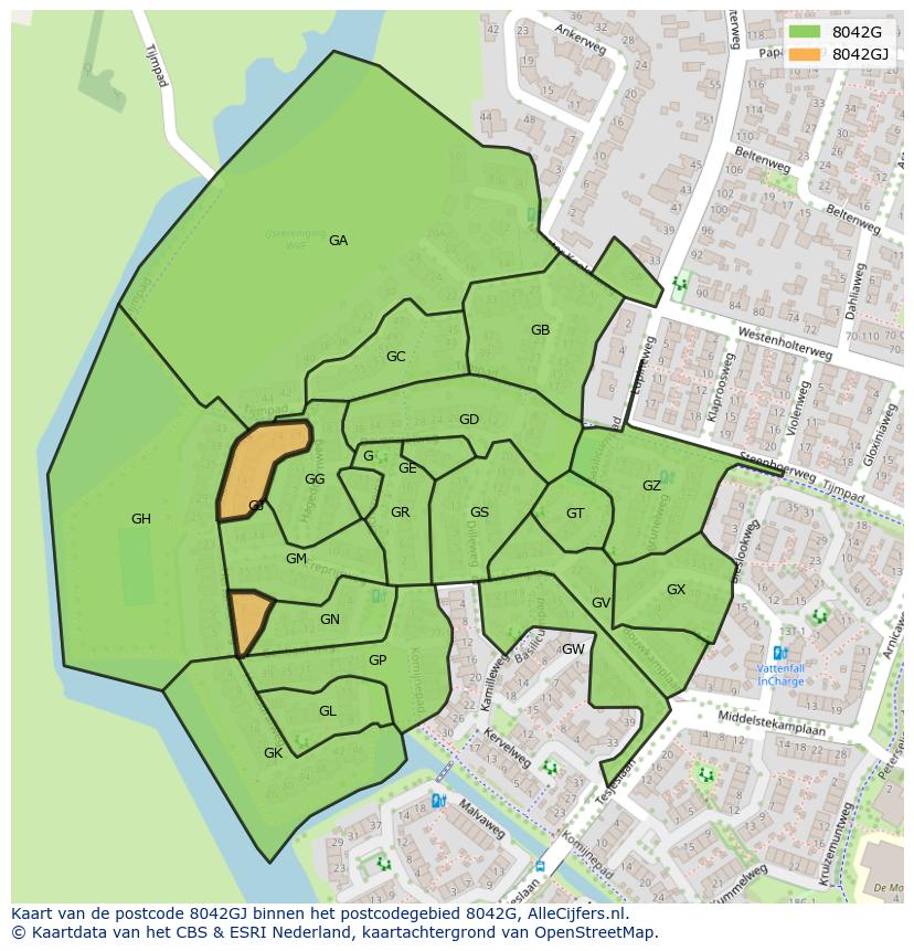 Afbeelding van het postcodegebied 8042 GJ op de kaart.