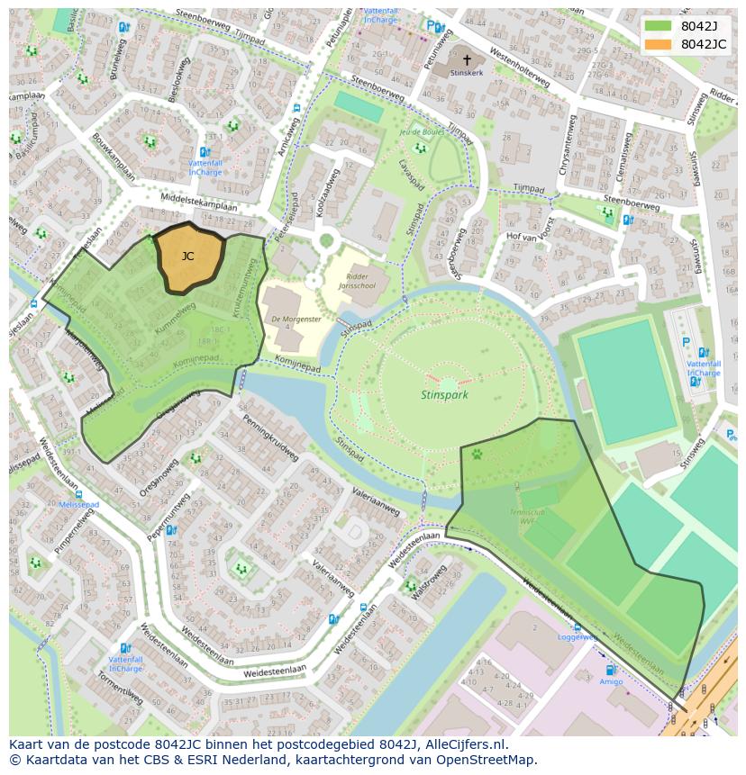 Afbeelding van het postcodegebied 8042 JC op de kaart.