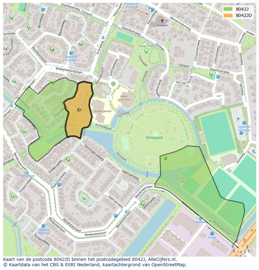 Afbeelding van het postcodegebied 8042 JD op de kaart.