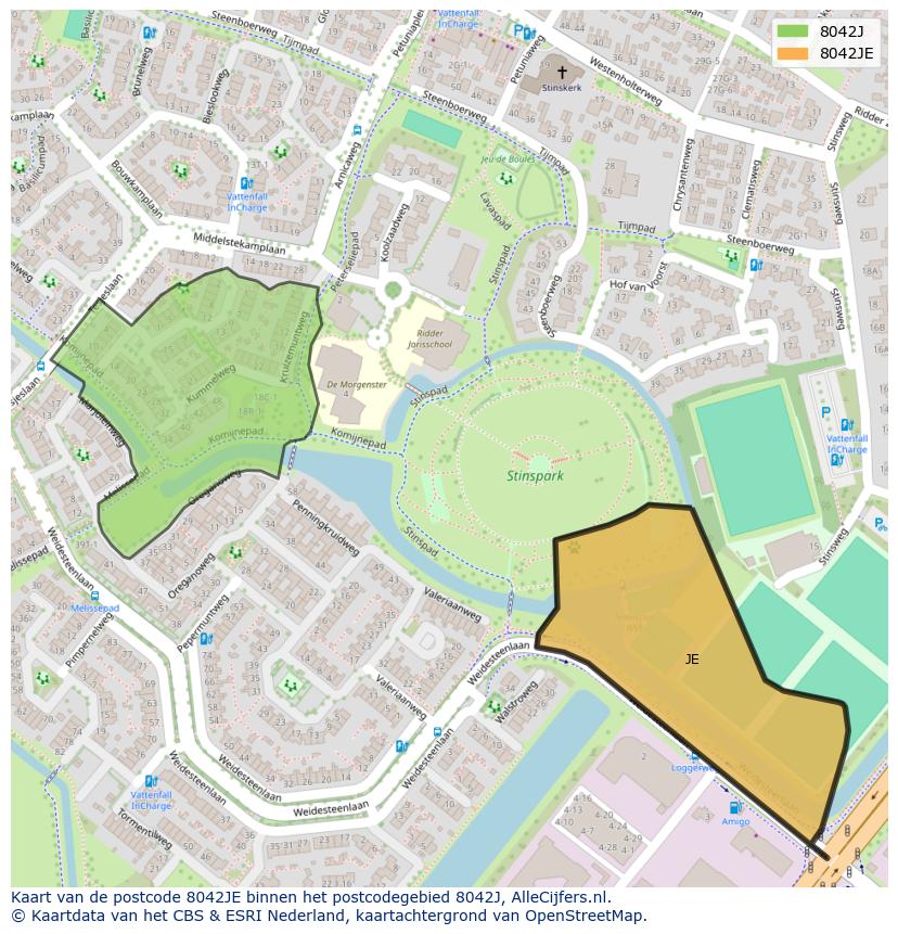Afbeelding van het postcodegebied 8042 JE op de kaart.