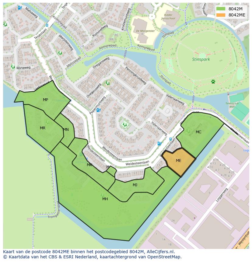 Afbeelding van het postcodegebied 8042 ME op de kaart.