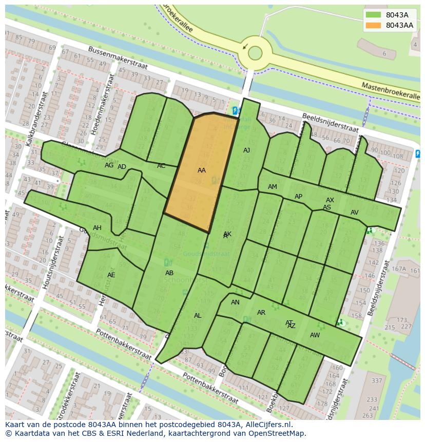 Afbeelding van het postcodegebied 8043 AA op de kaart.