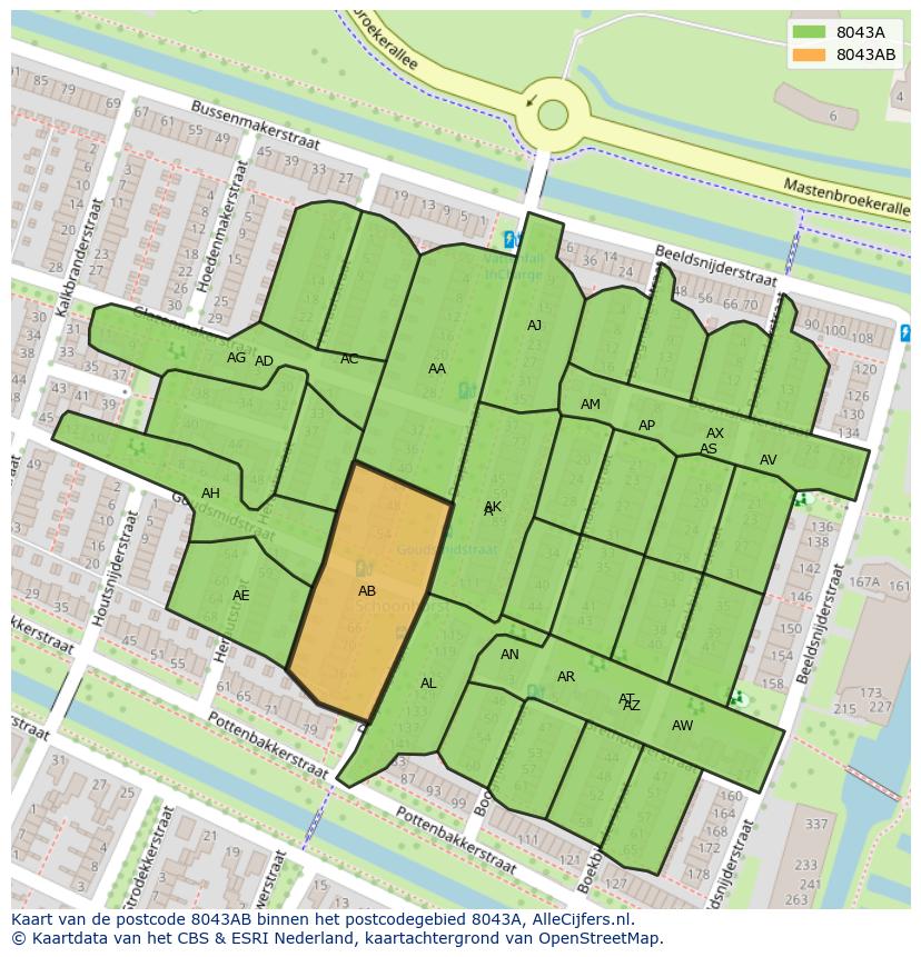 Afbeelding van het postcodegebied 8043 AB op de kaart.