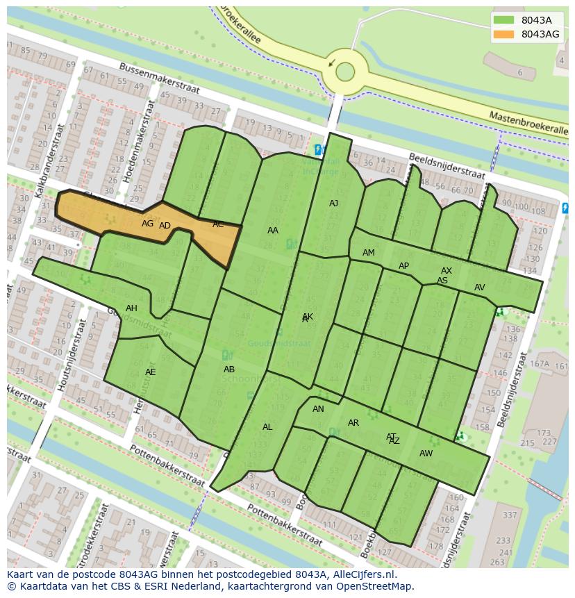 Afbeelding van het postcodegebied 8043 AG op de kaart.