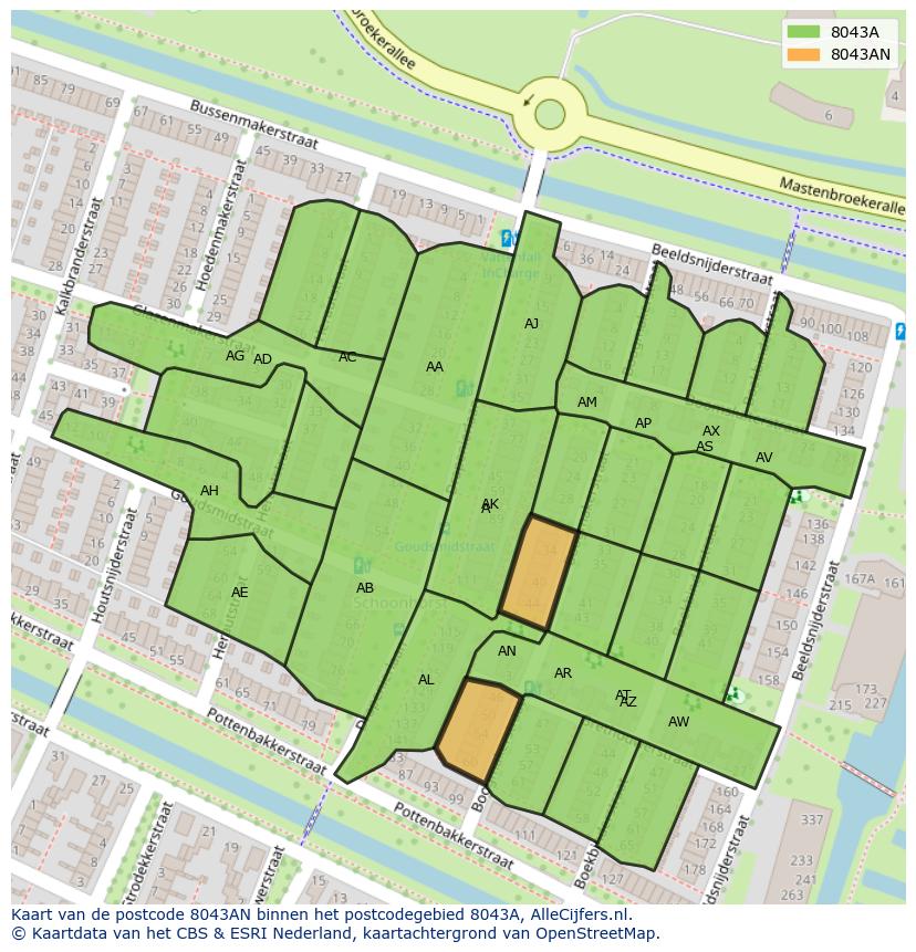 Afbeelding van het postcodegebied 8043 AN op de kaart.