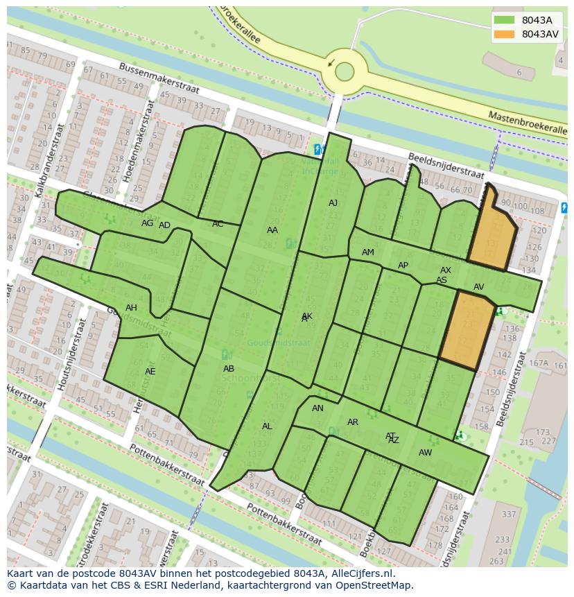 Afbeelding van het postcodegebied 8043 AV op de kaart.