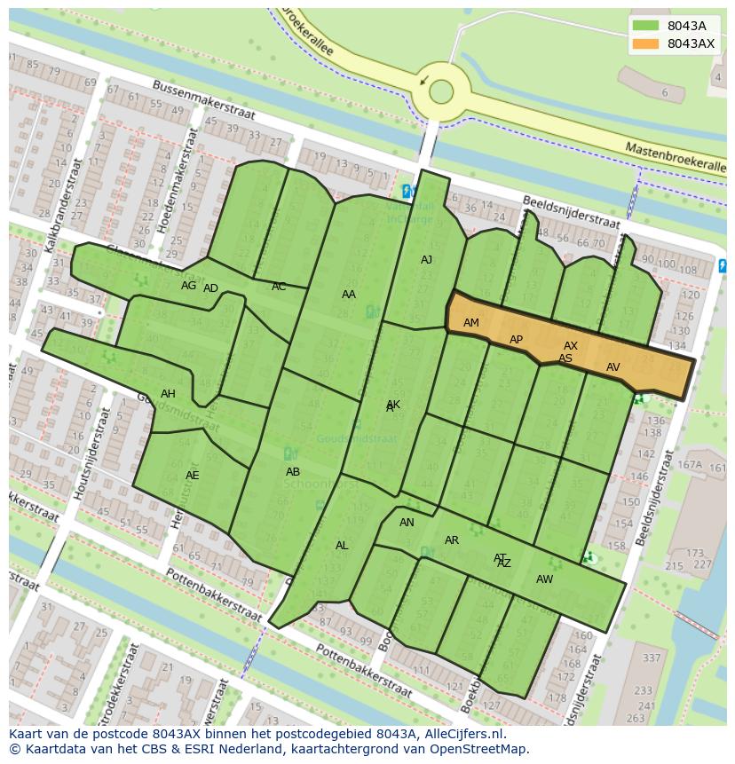 Afbeelding van het postcodegebied 8043 AX op de kaart.