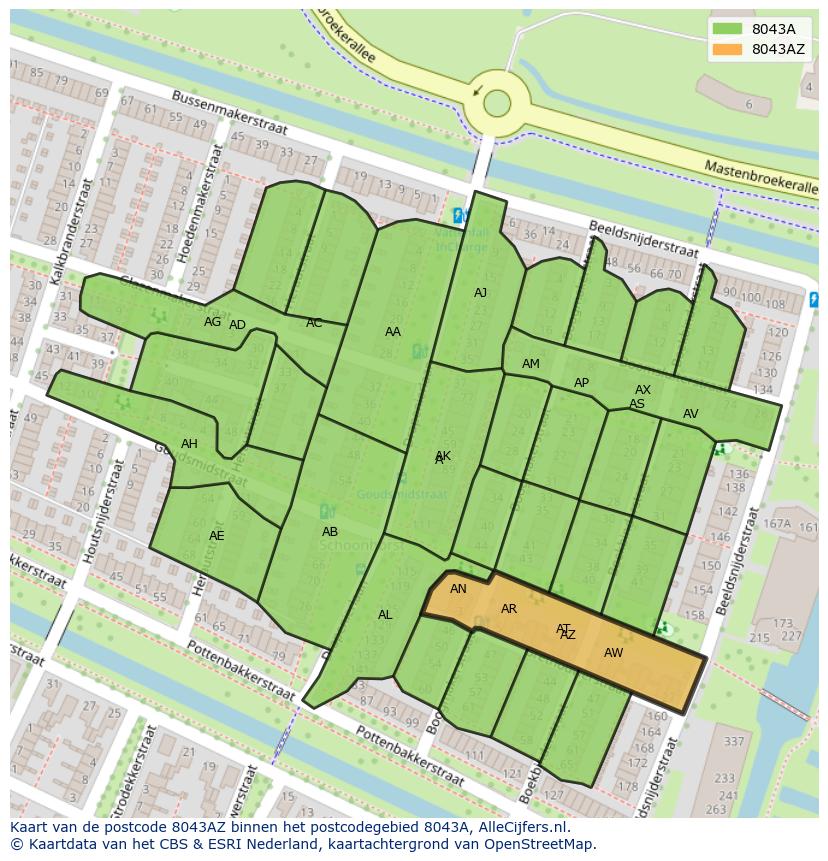Afbeelding van het postcodegebied 8043 AZ op de kaart.