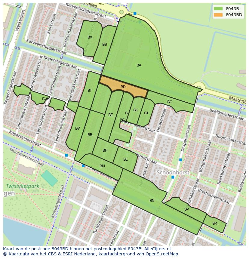 Afbeelding van het postcodegebied 8043 BD op de kaart.