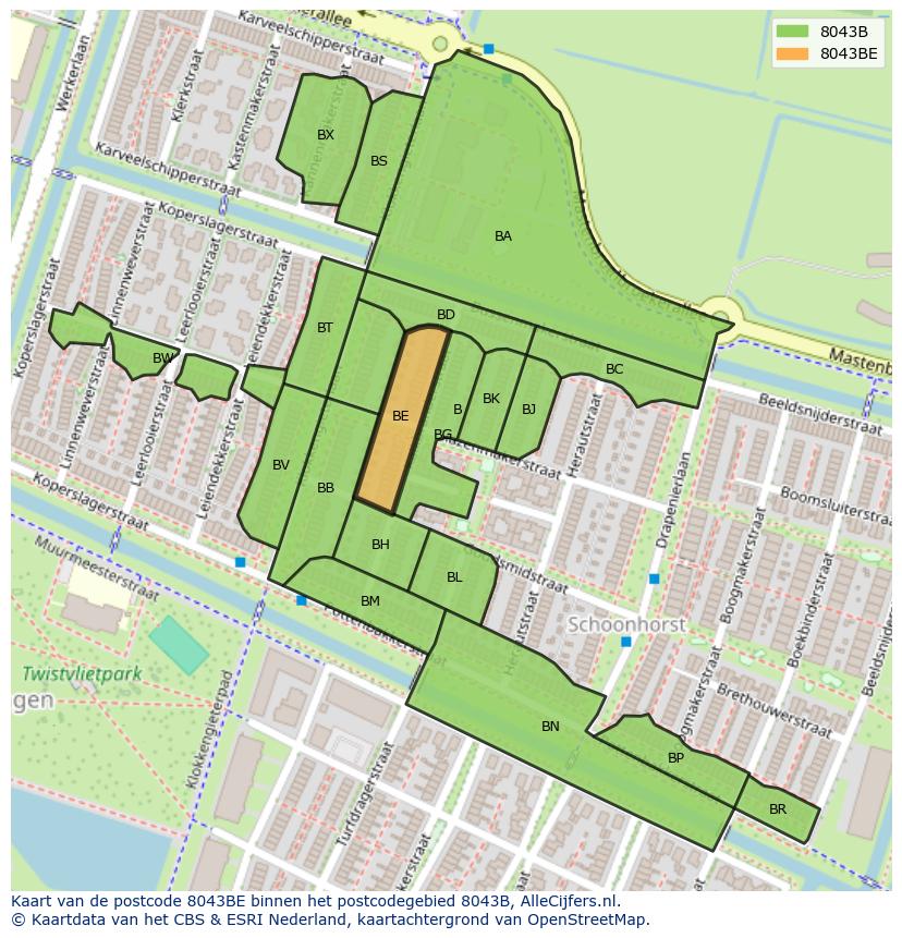 Afbeelding van het postcodegebied 8043 BE op de kaart.