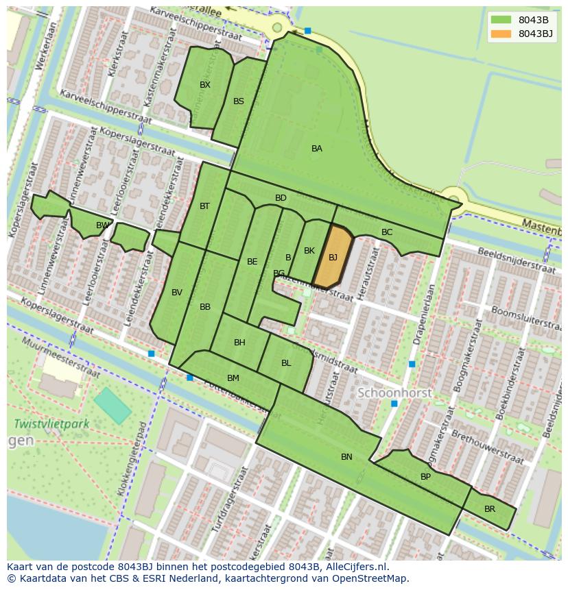 Afbeelding van het postcodegebied 8043 BJ op de kaart.