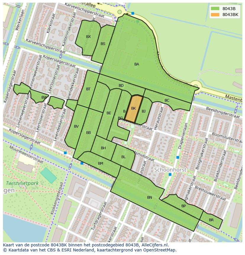 Afbeelding van het postcodegebied 8043 BK op de kaart.