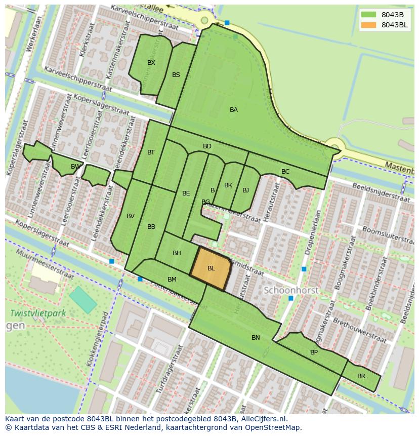 Afbeelding van het postcodegebied 8043 BL op de kaart.
