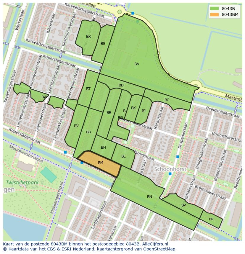 Afbeelding van het postcodegebied 8043 BM op de kaart.