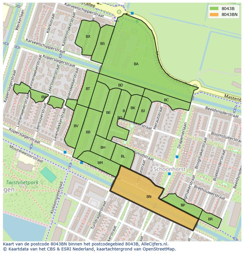 Afbeelding van het postcodegebied 8043 BN op de kaart.