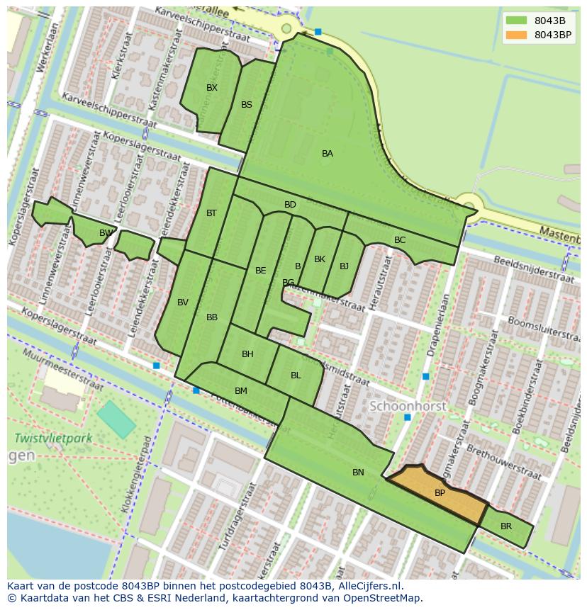 Afbeelding van het postcodegebied 8043 BP op de kaart.