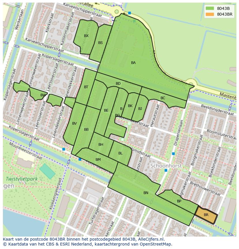 Afbeelding van het postcodegebied 8043 BR op de kaart.