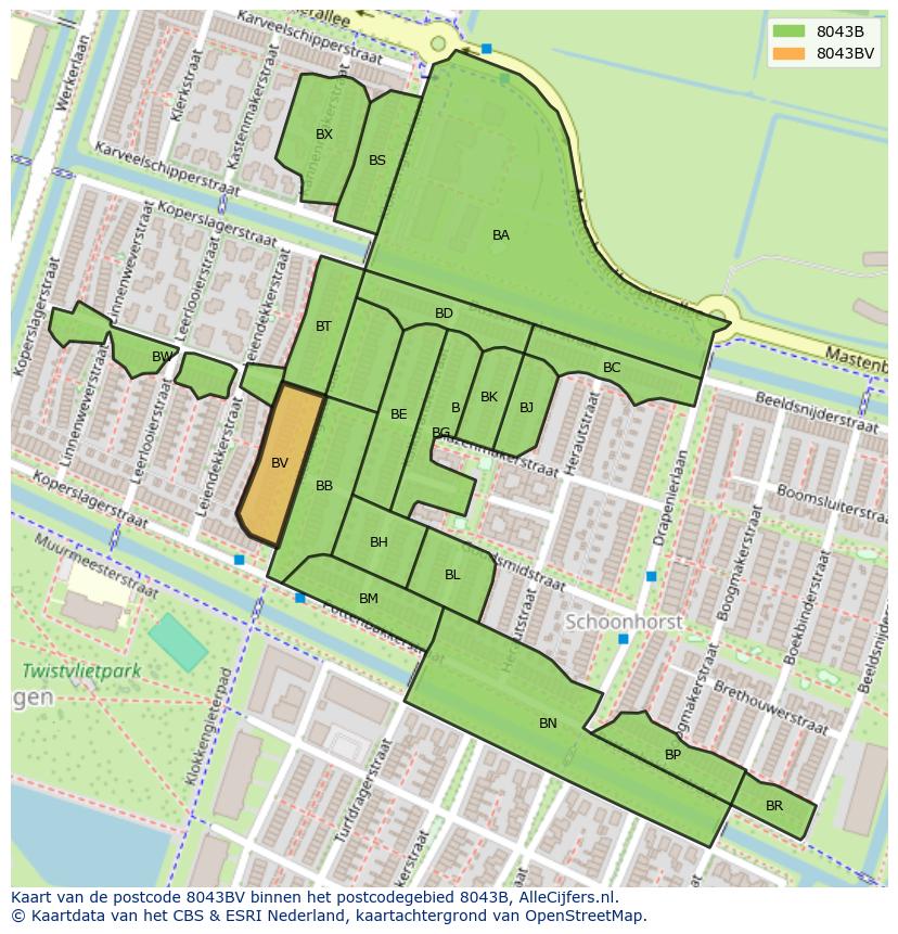 Afbeelding van het postcodegebied 8043 BV op de kaart.