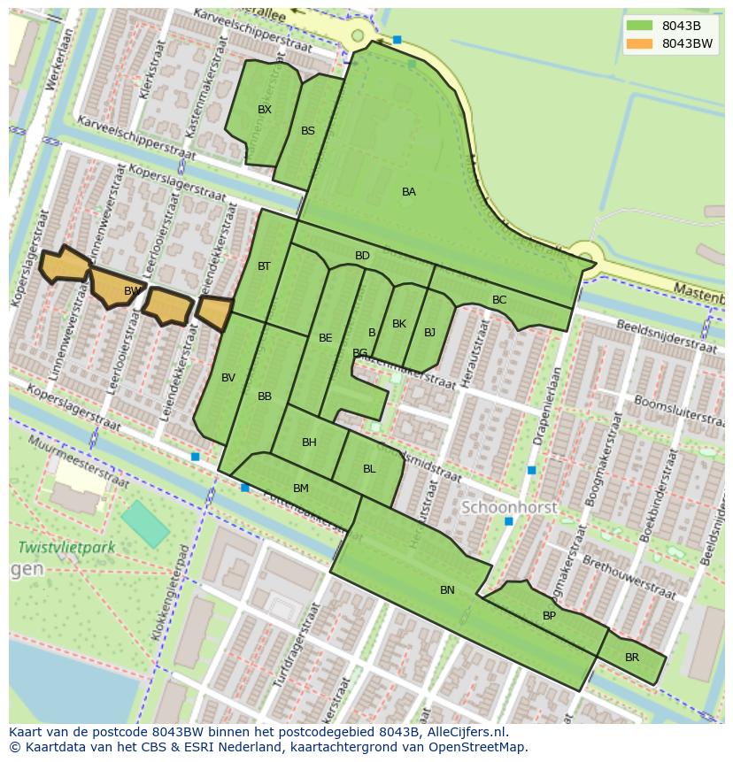 Afbeelding van het postcodegebied 8043 BW op de kaart.