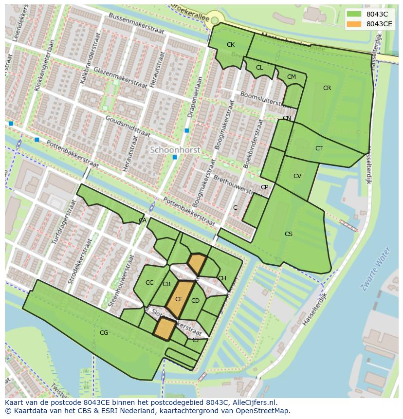 Afbeelding van het postcodegebied 8043 CE op de kaart.