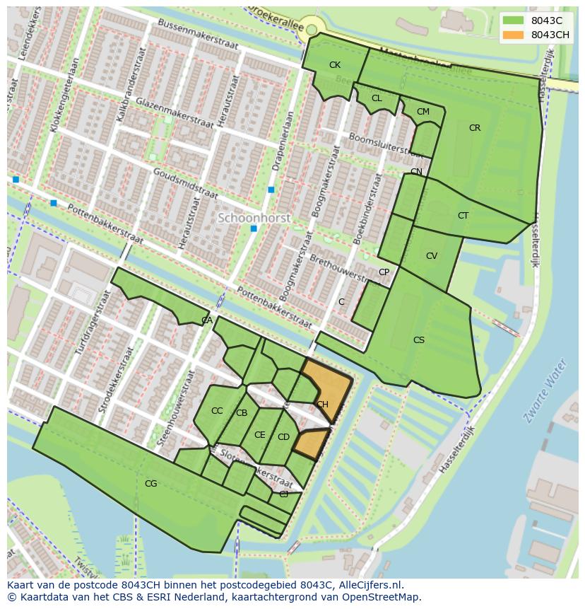 Afbeelding van het postcodegebied 8043 CH op de kaart.