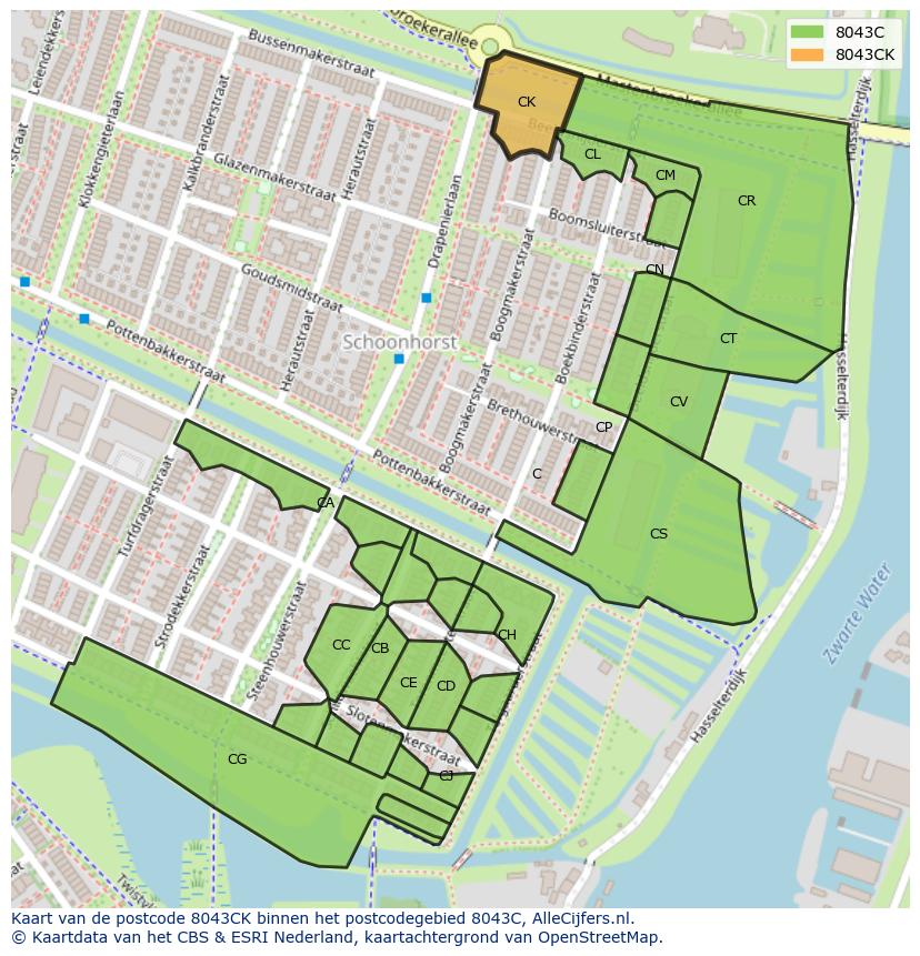 Afbeelding van het postcodegebied 8043 CK op de kaart.
