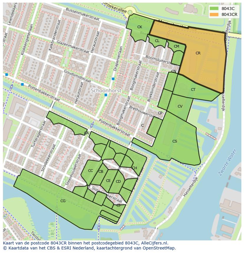 Afbeelding van het postcodegebied 8043 CR op de kaart.