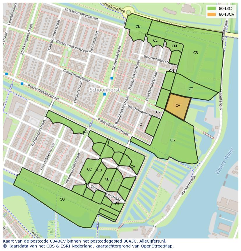 Afbeelding van het postcodegebied 8043 CV op de kaart.