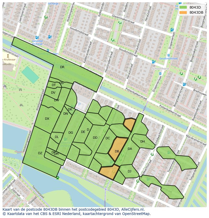 Afbeelding van het postcodegebied 8043 DB op de kaart.