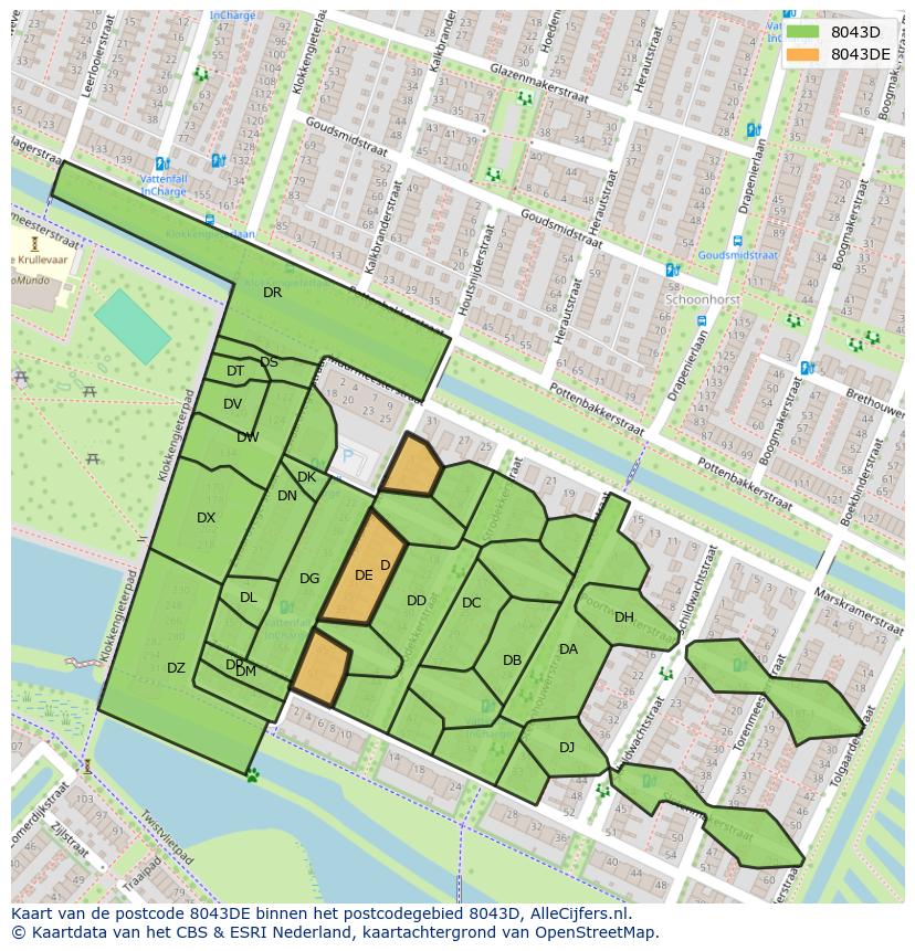 Afbeelding van het postcodegebied 8043 DE op de kaart.