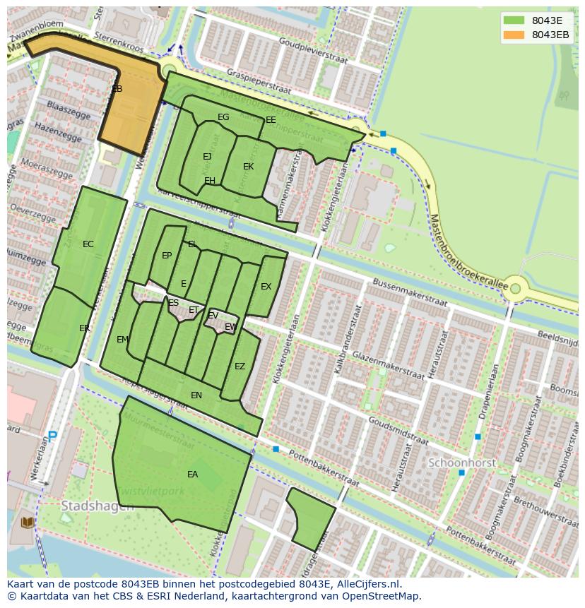 Afbeelding van het postcodegebied 8043 EB op de kaart.
