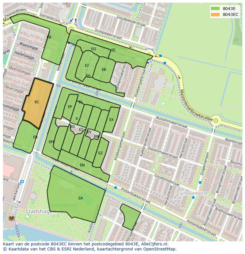 Afbeelding van het postcodegebied 8043 EC op de kaart.