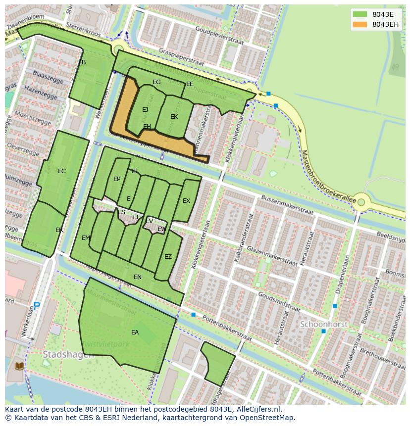 Afbeelding van het postcodegebied 8043 EH op de kaart.
