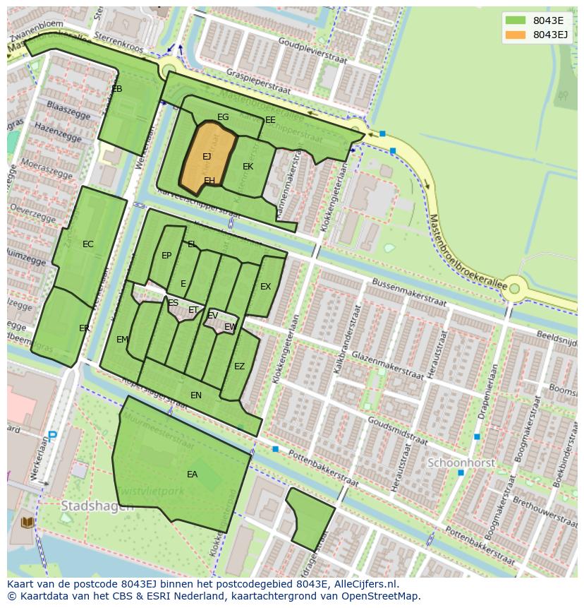 Afbeelding van het postcodegebied 8043 EJ op de kaart.