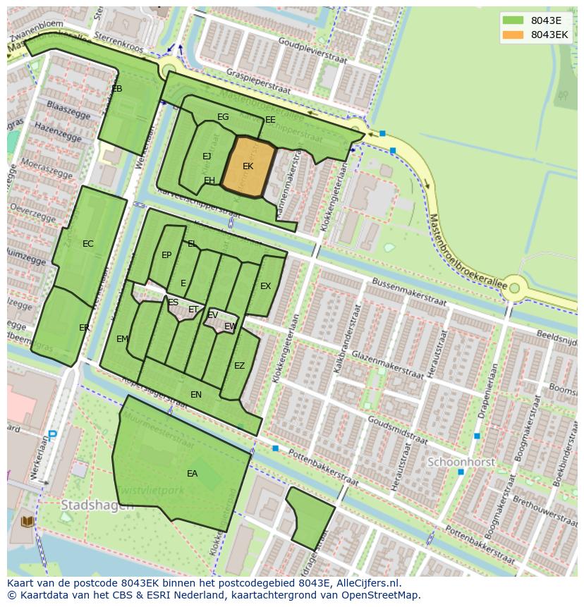 Afbeelding van het postcodegebied 8043 EK op de kaart.