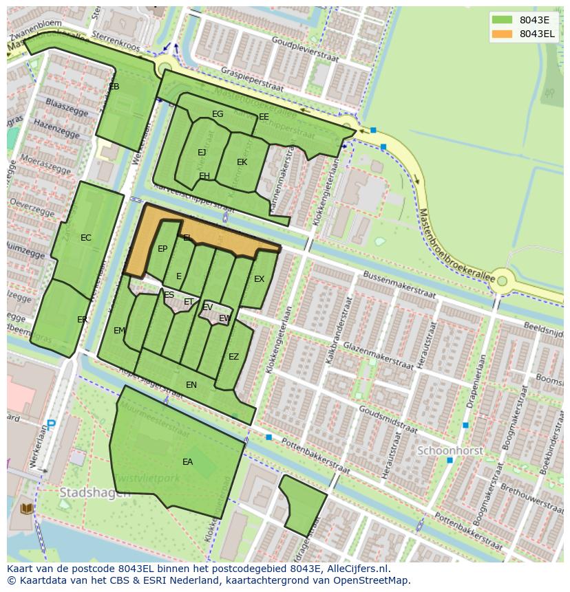 Afbeelding van het postcodegebied 8043 EL op de kaart.