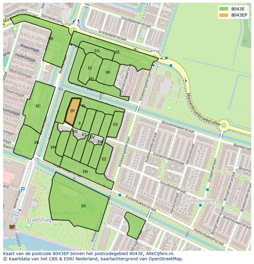 Afbeelding van het postcodegebied 8043 EP op de kaart.