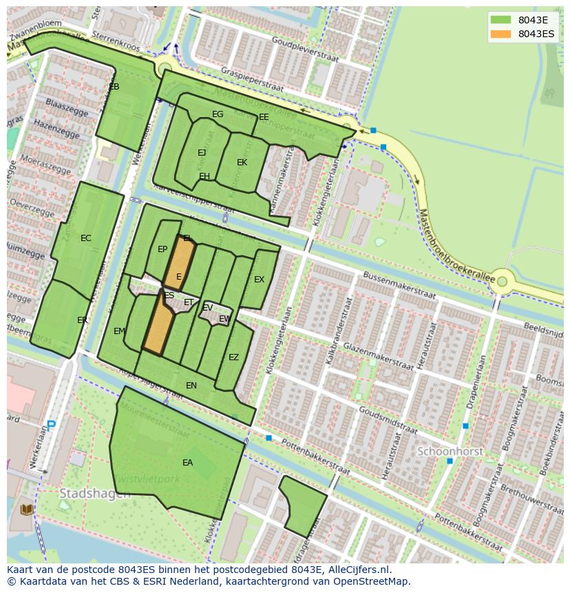 Afbeelding van het postcodegebied 8043 ES op de kaart.