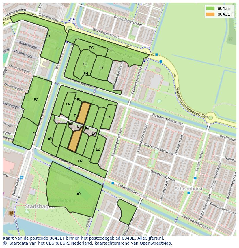 Afbeelding van het postcodegebied 8043 ET op de kaart.