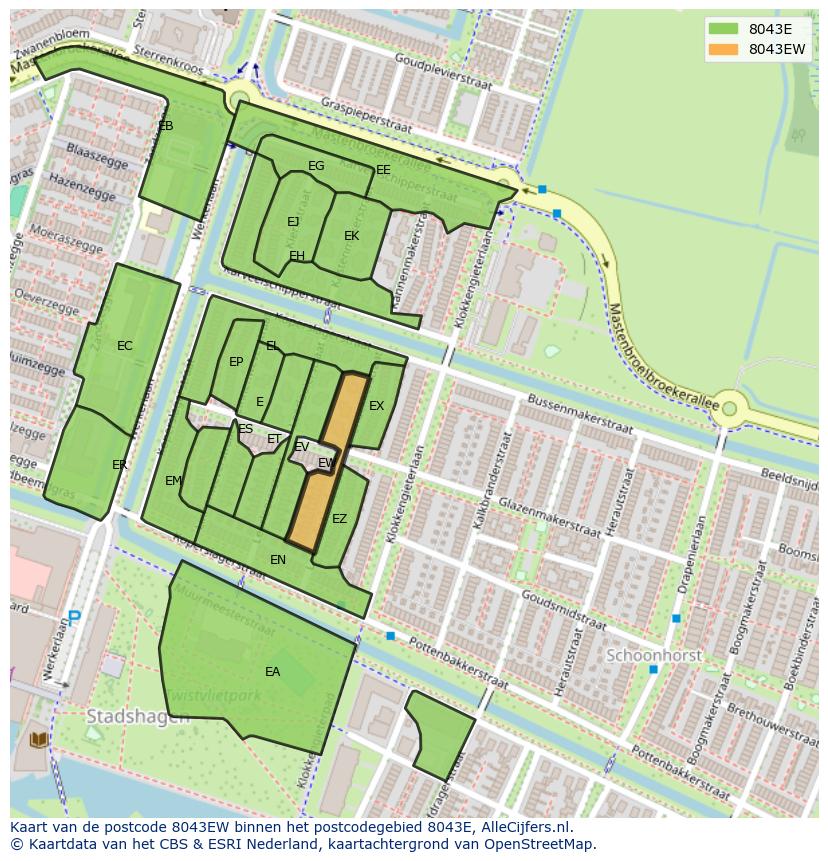 Afbeelding van het postcodegebied 8043 EW op de kaart.